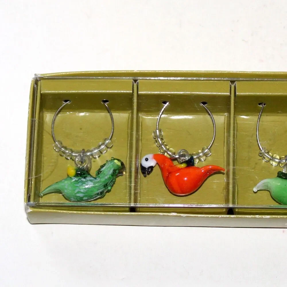 Pier 1 Imports Wine Glass Drink Charms set of 6 glass birds NEW NOS